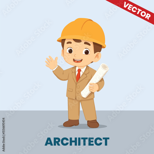 Vector Illustration of Cute Kid Dressed as Architect – Cartoon Boy Holding Blueprint with Safety Helmet