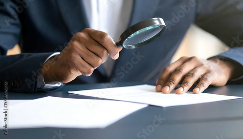 Hand of a businessman holding a magnifying glass to investigate something