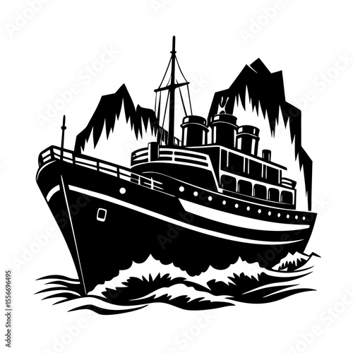 Icebreaker Ship Vector Silhouette on White Background