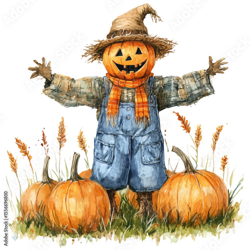Pumpkin Patch With Scarecrow, watercolor drawing vector, isolated on a white background.