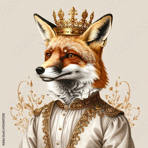 Regal fox dressed in linen shirt and golden crown in romantic style majesty