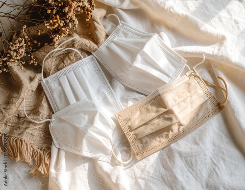 White bag and pair of white face masks fashionably arranged on a soft linen background
