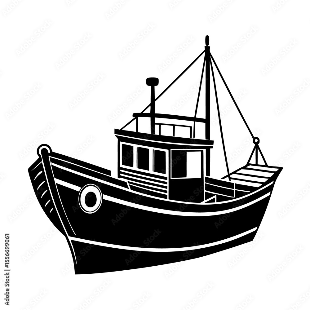 Small Fishing Boat Vector Silhouette on White Background Small Fishing Boat Vector Silhouette on White Background