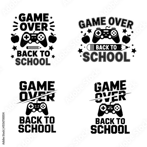 Game Over Back to School Typography Design with Gaming Controller and School Supplies.
