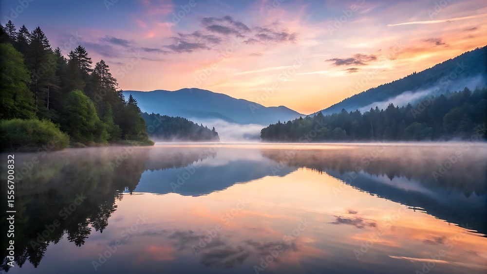 Fototapeta premium Misty mountain lake at sunrise with colorful sky and forest reflection