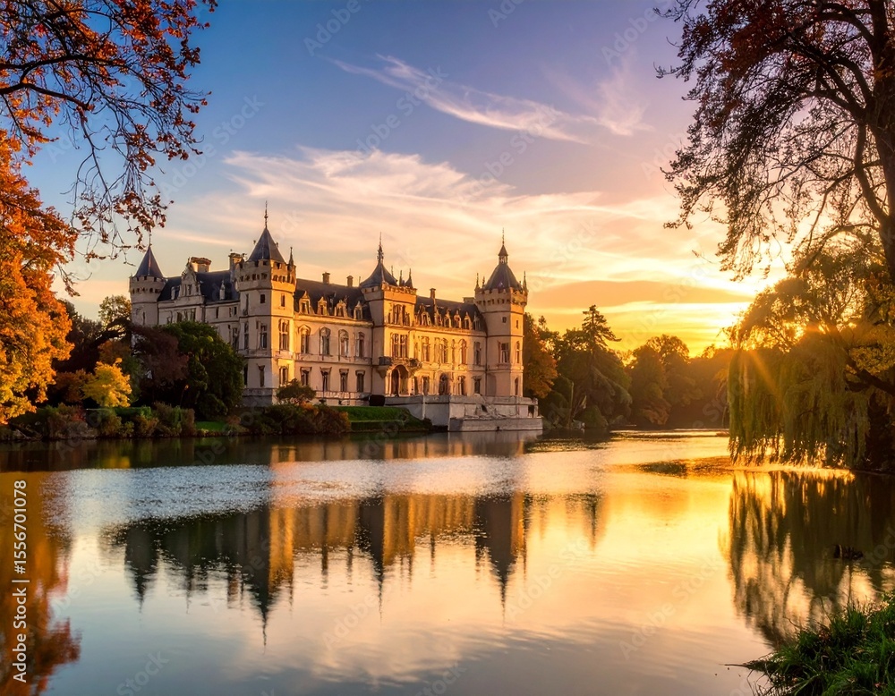 Obraz premium Enchanting castle surrounded by a lake captured from a wide angle showcasing its majesty