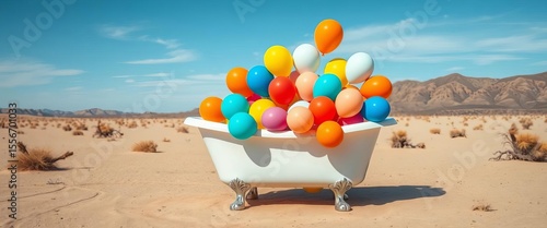 Clawfoot tub overflowing with vibrant balloons in stark desert landscape, nature, bright