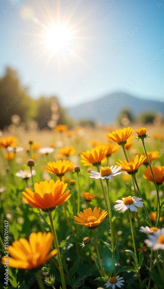 Obraz premium Sunlit Wildflower Meadow Blissful Summer Scene of Vibrant Blooms and Positive Energy