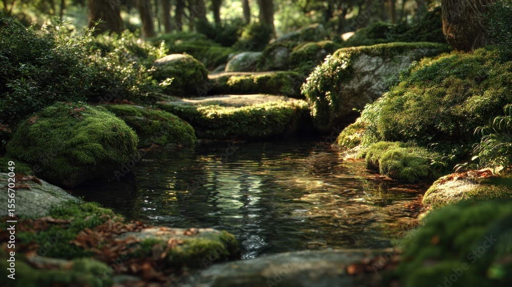 Serene Forest Stream: Mossy Rocks and Tranquil Waters Serene Forest Stream: Mossy Rocks and Tranquil Waters
