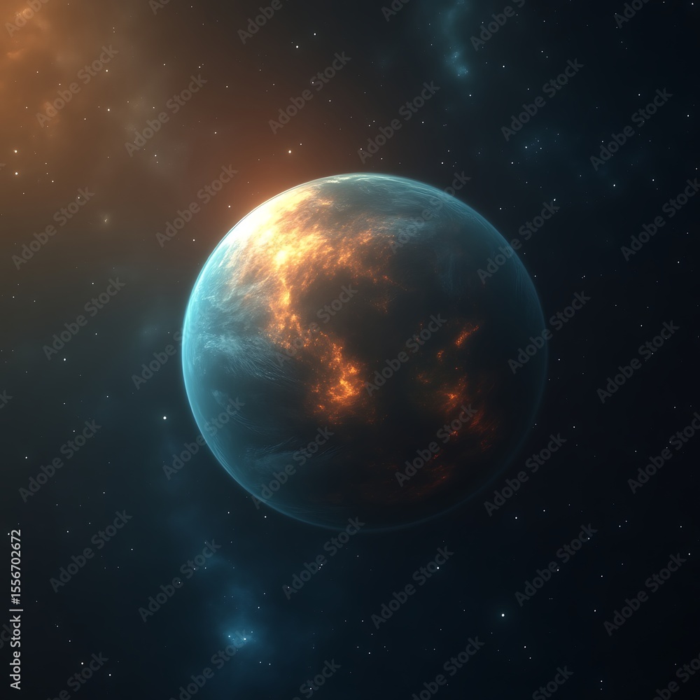 Fototapeta premium Fiery, vibrant exoplanet in deep space. A celestial sphere, glowing with fiery orange and icy blue hues, amidst a sea of stars. A captivating view of a distant world