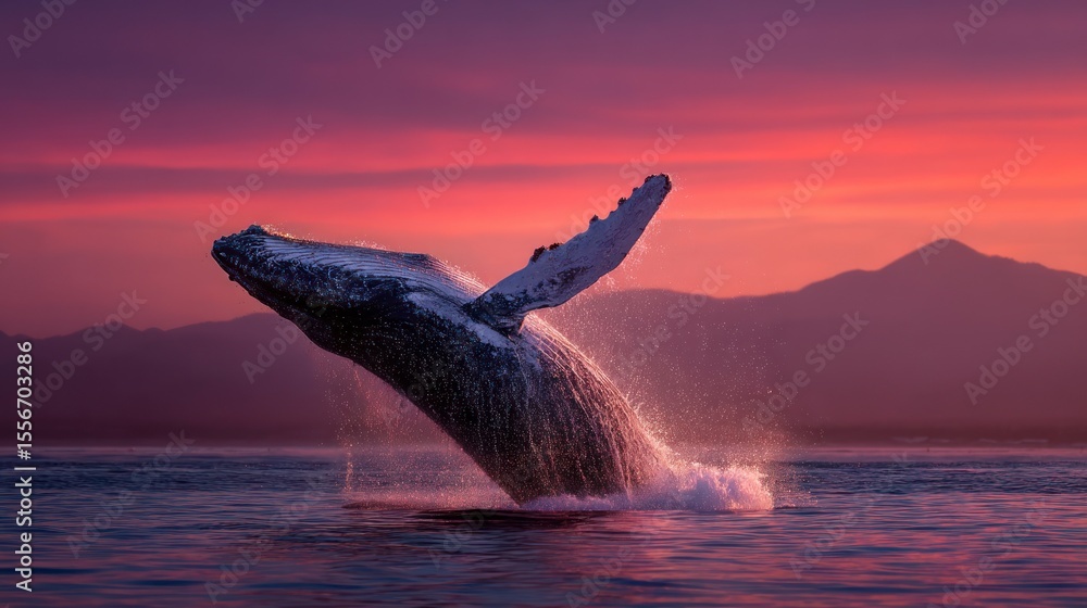 Fototapeta premium Humpback whale leaping sunset ocean