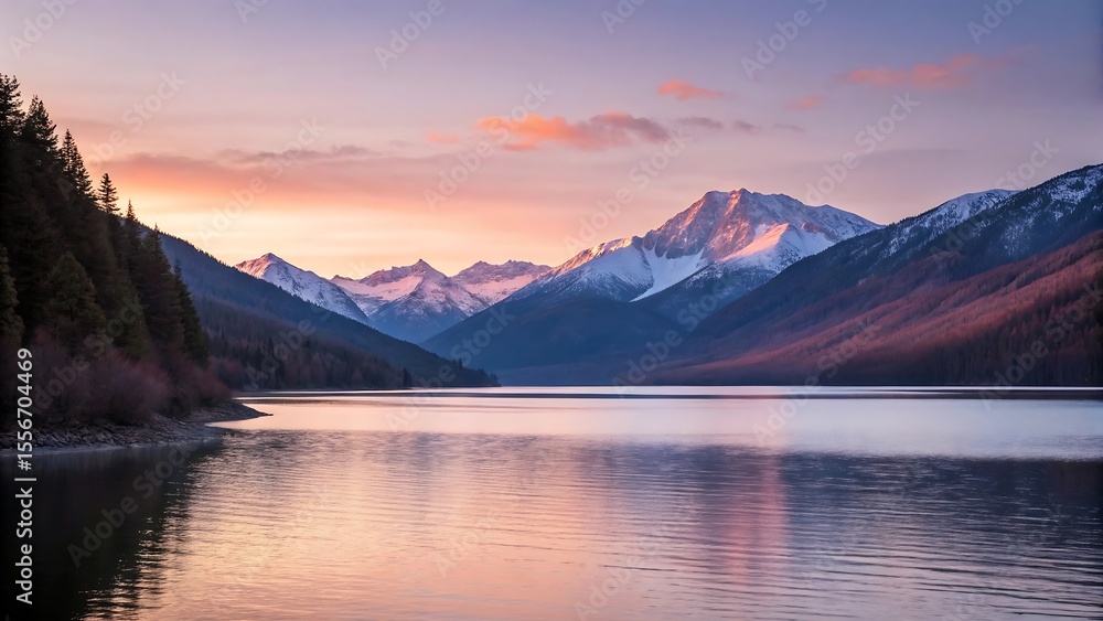 Serene mountain lake at sunrise with snow capped peaks and colorful sky Serene mountain lake at sunrise with snow capped peaks and colorful sky