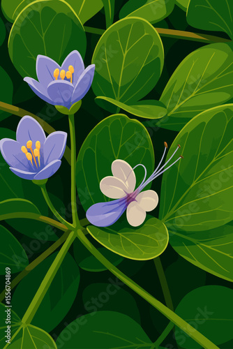 This illustration showcases a beautiful Butterfly Pea flower (Clitoria ternatea) in a lush, green environment. The flower features delicate purple-blue petals with white-tipped centers and long stamen