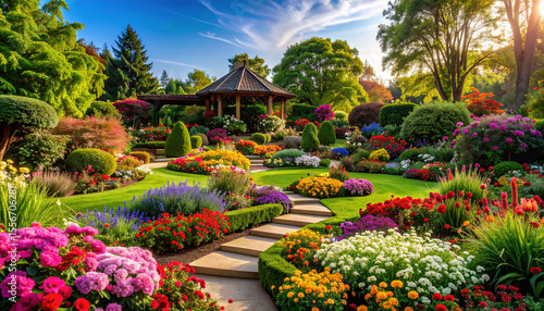 Fototapeta Naklejka Na Ścianę i Meble -  Vibrant garden filled with variety of colorful flowers and lush greenery, featuring charming gazebo surrounded by meticulously arranged flower beds. scene evokes sense of tranquility and beauty
