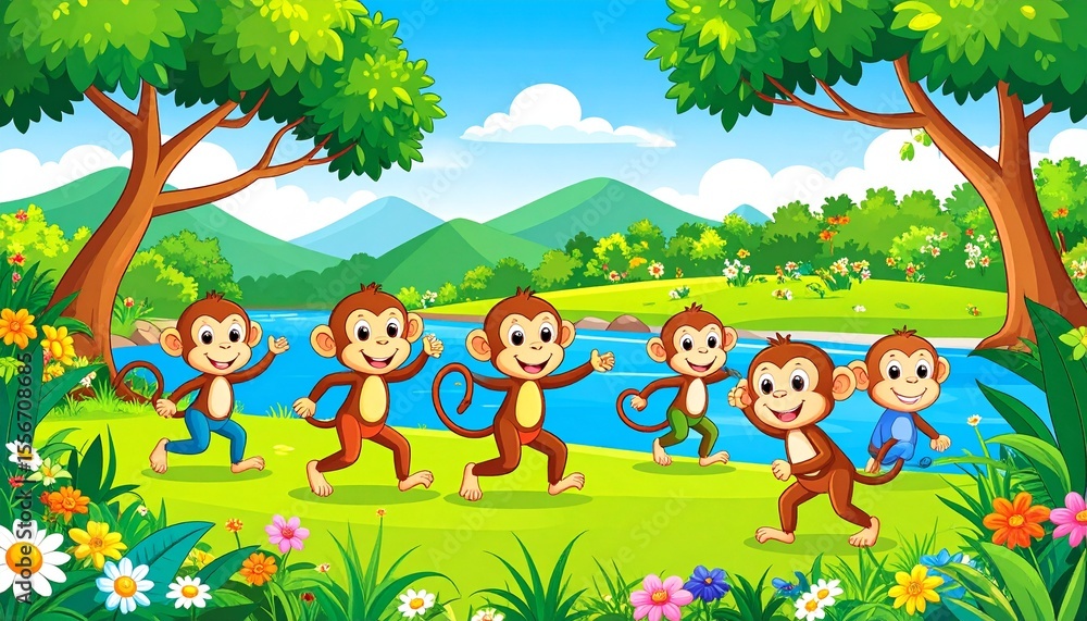Fototapeta premium Fun-loving monkeys playing along a riverbank in a vibrant jungle setting full of life