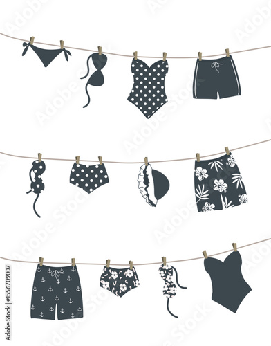 Black Swimsuits, Swimming Trunks Hanging on Clotheslines. Beautiful Swim Wear Dry on Clothespins After Swimming. Summer Vector illustration in Black Colors