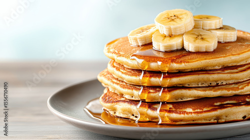 Wallpaper Mural Fluffy pancakes topped with sliced bananas and drizzled with syrup create delightful breakfast Torontodigital.ca