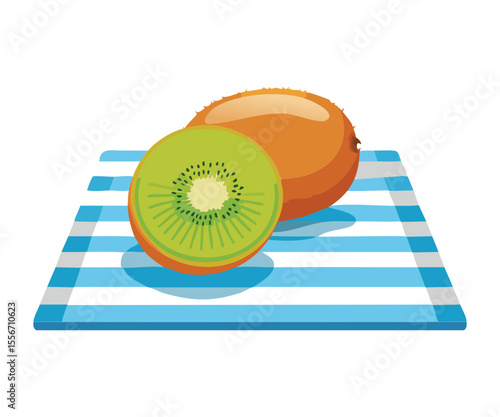 Cut and Whole Kiwis on Striped Fabric - Vector Illustration