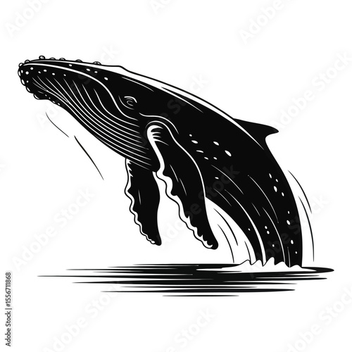 Black and White Vector Illustration Humpback Whale Breaching Ocean Silhouette