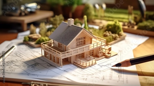 House model with blueprints, and design.