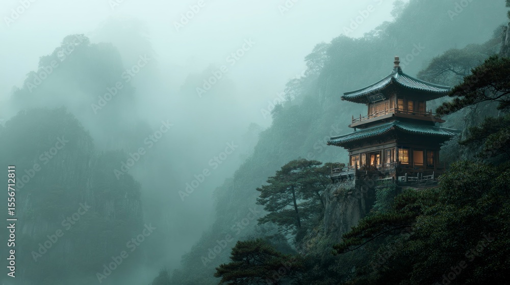 Obraz premium Misty mountain temple in valley