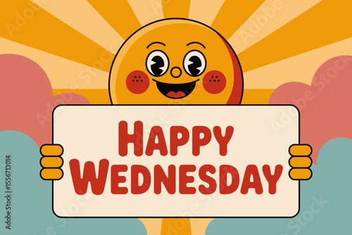 Happy sun cartoon holds a happy Wednesday sign. Suitable for social media posts, greeting cards, newsletters, and websites to brighten up midweek spirits.