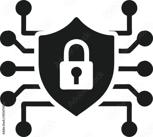 Secure digital shield featuring padlock integrated within circuitry vector design