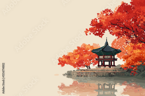 Korean traditional pavilion surrounded by autumn foliage — oriental style illustration