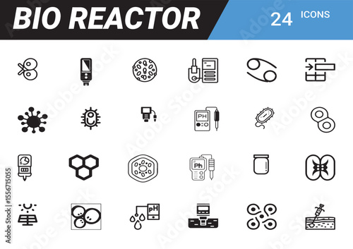 Bio Reactor Icon Set: A comprehensive collection of illustrative icons capturing the essence of biotechnology, featuring a diverse array of cellular structures and scientific equipment.