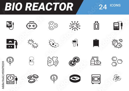 Bio Reactor Icons: A clean and informative display of bio reactor icons, meticulously crafted in a vector design. Each icon represents essential components of a bio reactor.  Aesthetically pleasing.