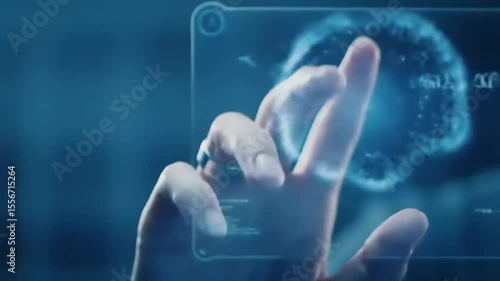 Futuristic hand gesture interacting with a holographic interface in a tech-savvy environment