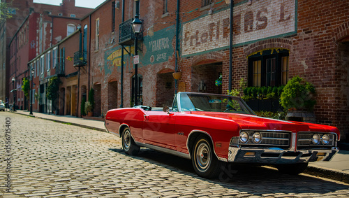 Red vintage convertible car parked on cobblestone street