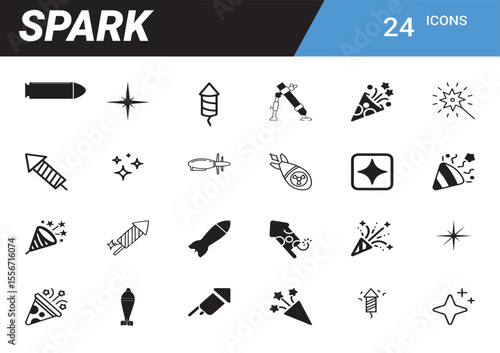 Spark Icon Set: A diverse collection of icons symbolizing energy, innovation, and celebration. A versatile collection suitable for various design needs.