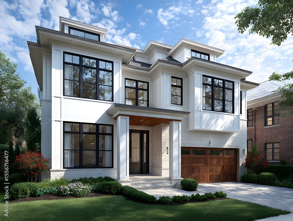Beautiful modern home with large showcases architectural design on a sunny day among greenery. Beautiful modern home with large showcases architectural design on a sunny day among greenery.