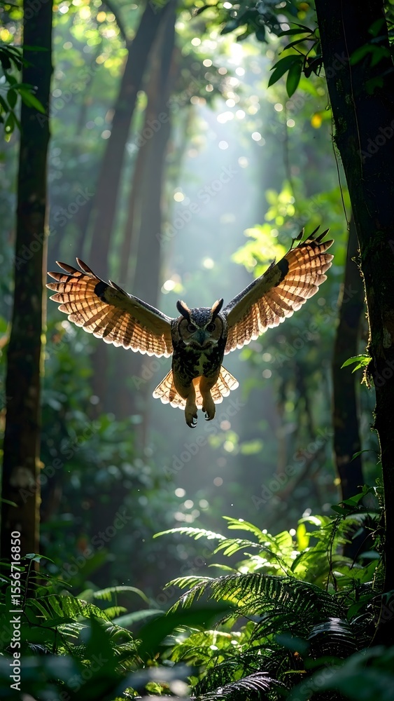 Fototapeta premium Subtle owl leaping through the air with grace in a lush jungle environment