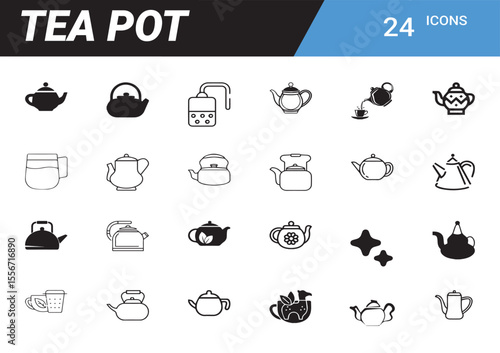 Teapot Icon Collection: A diverse set of black and white teapot icon, each illustration rendered in simple lines, perfect for website, app, or graphic project design.