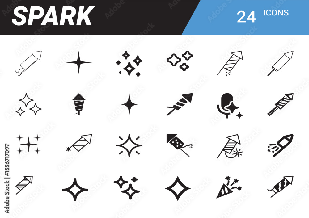 Naklejka premium Spark Icon Set: A collection of minimalistic line art icons representing sparks and fireworks, ideal for conveying energy, excitement, and celebration. 