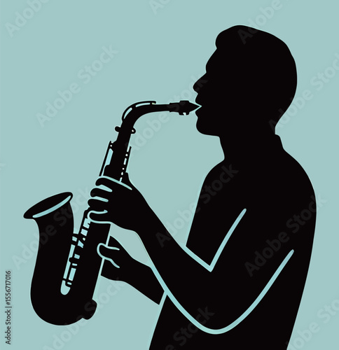 Silhouette of a male musician playing the saxophone in a minimalist style.