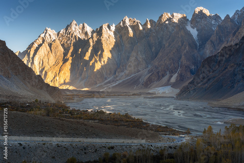 Golden Sunrise over Passu Cones in Hunza Valley, Northern Pakistan