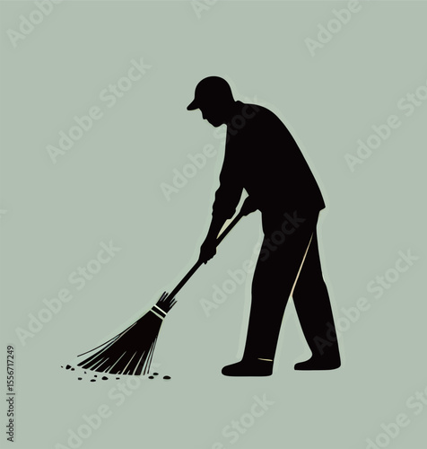 Silhouette of a man sweeping, portraying dedication to cleanliness and hard work.
