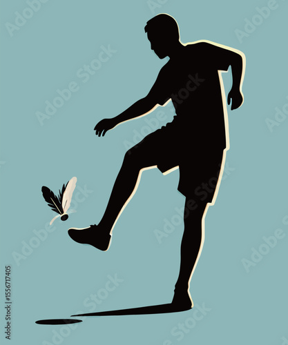 Silhouette of a male kicking a shuttlecock against a soft blue background.