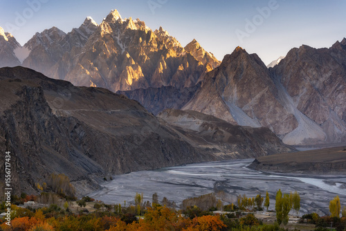 Golden Light on the Passu Cones and Braided River in Hunza Valley, Northern Pakistan