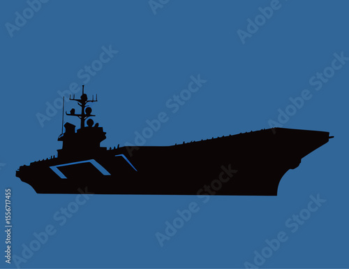 Silhouette of an aircraft carrier against a blue background.