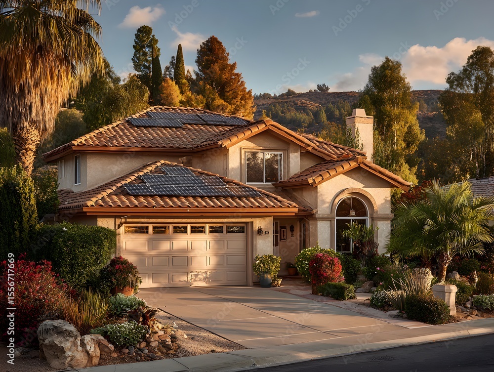 Obraz premium A beautiful two story house with solar panels on the roof is led in a lush residential neighborhood.
