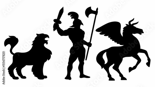 Silhouette of griffin warrior with sword and axe and pegasus in black and white design art