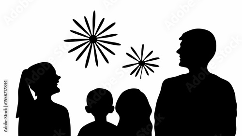 Silhouette of a family watching fireworks display against a white background in the night sky scene
