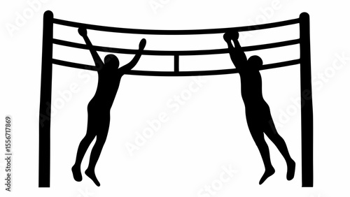 Silhouette of two volleyball players spiking the ball over the net with a white background scene here