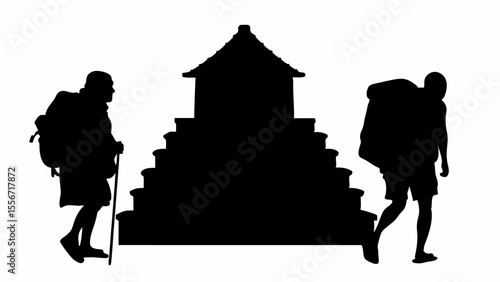 Silhouette of two people carrying heavy loads up stairs toward a building with a thatched roof