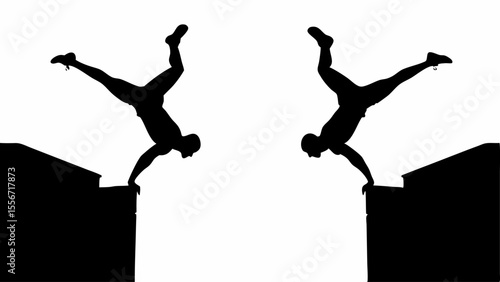 Two mirrored silhouettes of a person doing a handstand on a ledge against a white background
