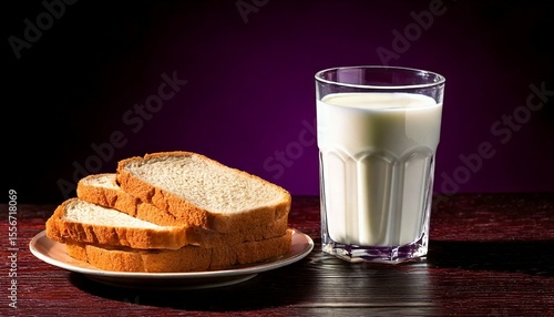 slices bread with glass milk at plate at dark background